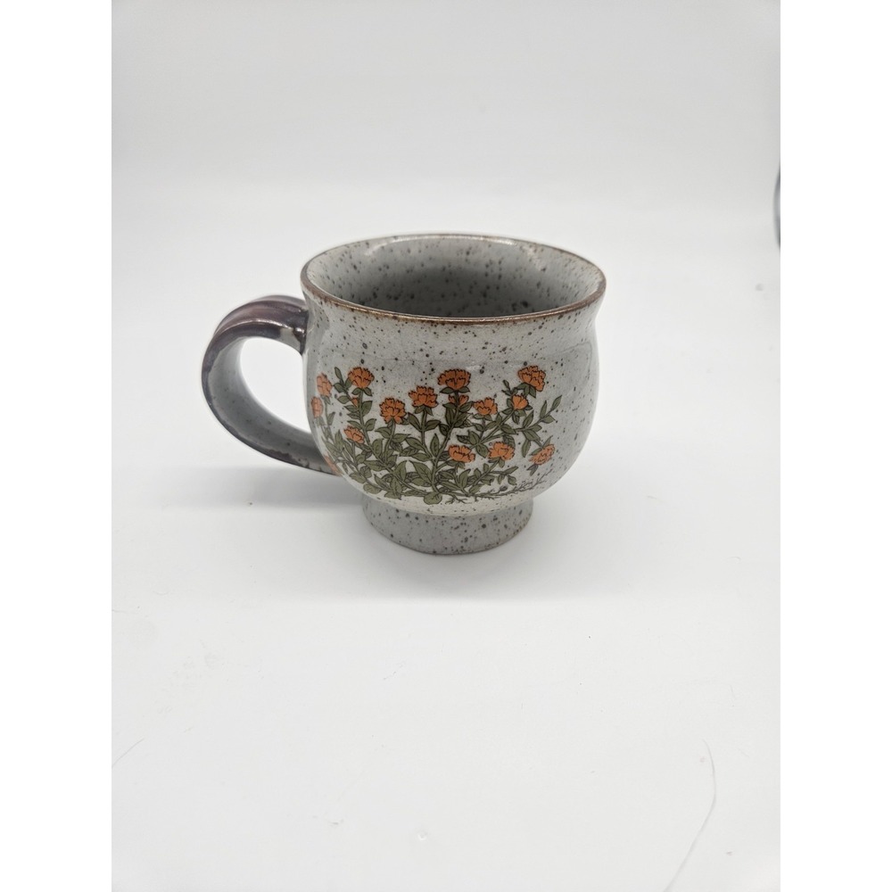 Takahashi Speckled Stoneware Pedestal Floral Coffee Mug Orange Wildflowers Japan